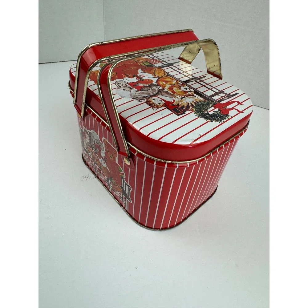Vintage Christmas Holiday Tin Teddy Bear Cat Dog Picnic Basket Style Red White